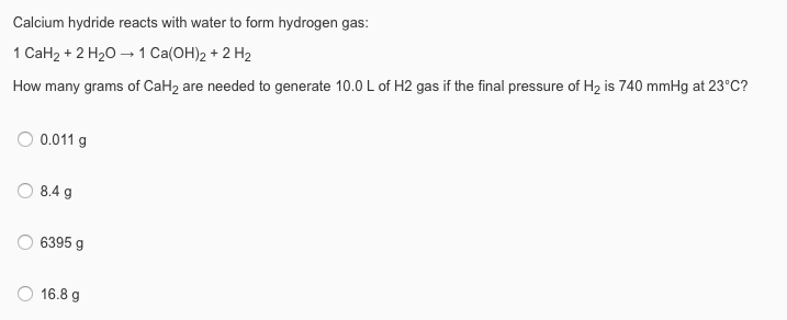 Solved Calcium hydride reacts with water to form hydrogen | Chegg.com