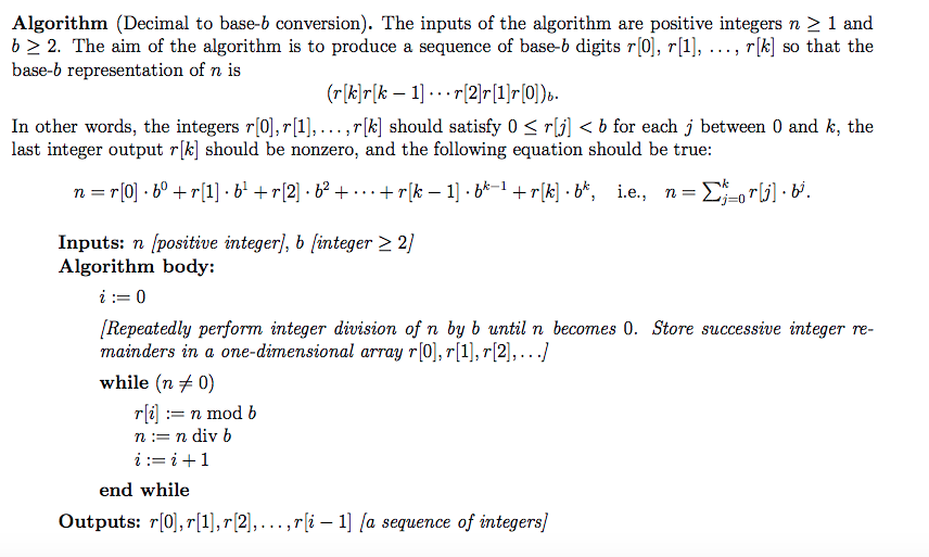 Algorithm (Decimal to base-b conversion). The inputs | Chegg.com