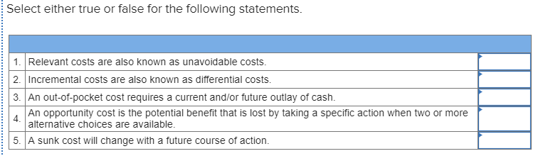 Solved Select either true or false for the following | Chegg.com