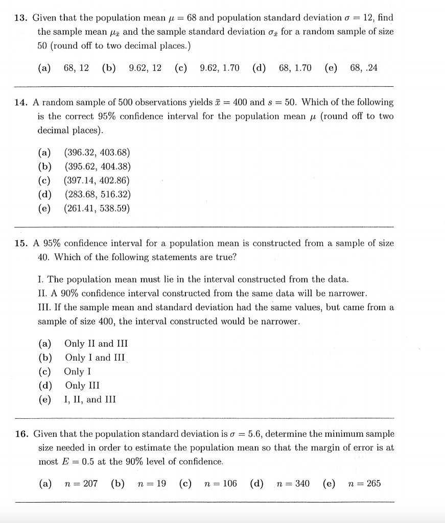 Solved 13. Given that the population mean μ 68 and | Chegg.com