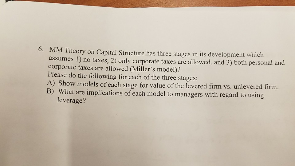 Solved 6 MM Theory On Capital Structure Has Three Stages In Chegg