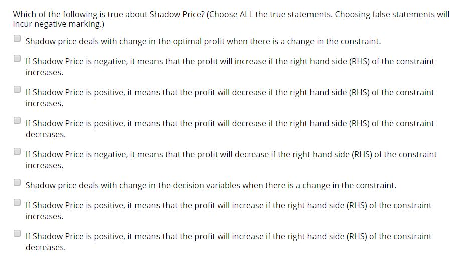 Solved Which of the following is true about Shadow Price?