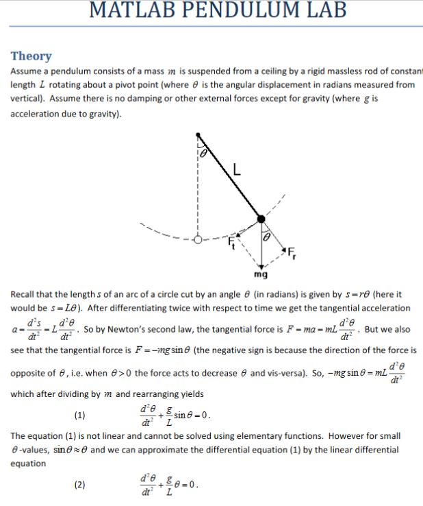 Solved MATLAB PENDULUM LAB Theory Assume a pendulum consists | Chegg.com