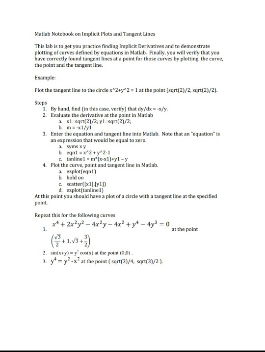 Solved Matlab Notebook on Implicit Plots and Tangent Lines