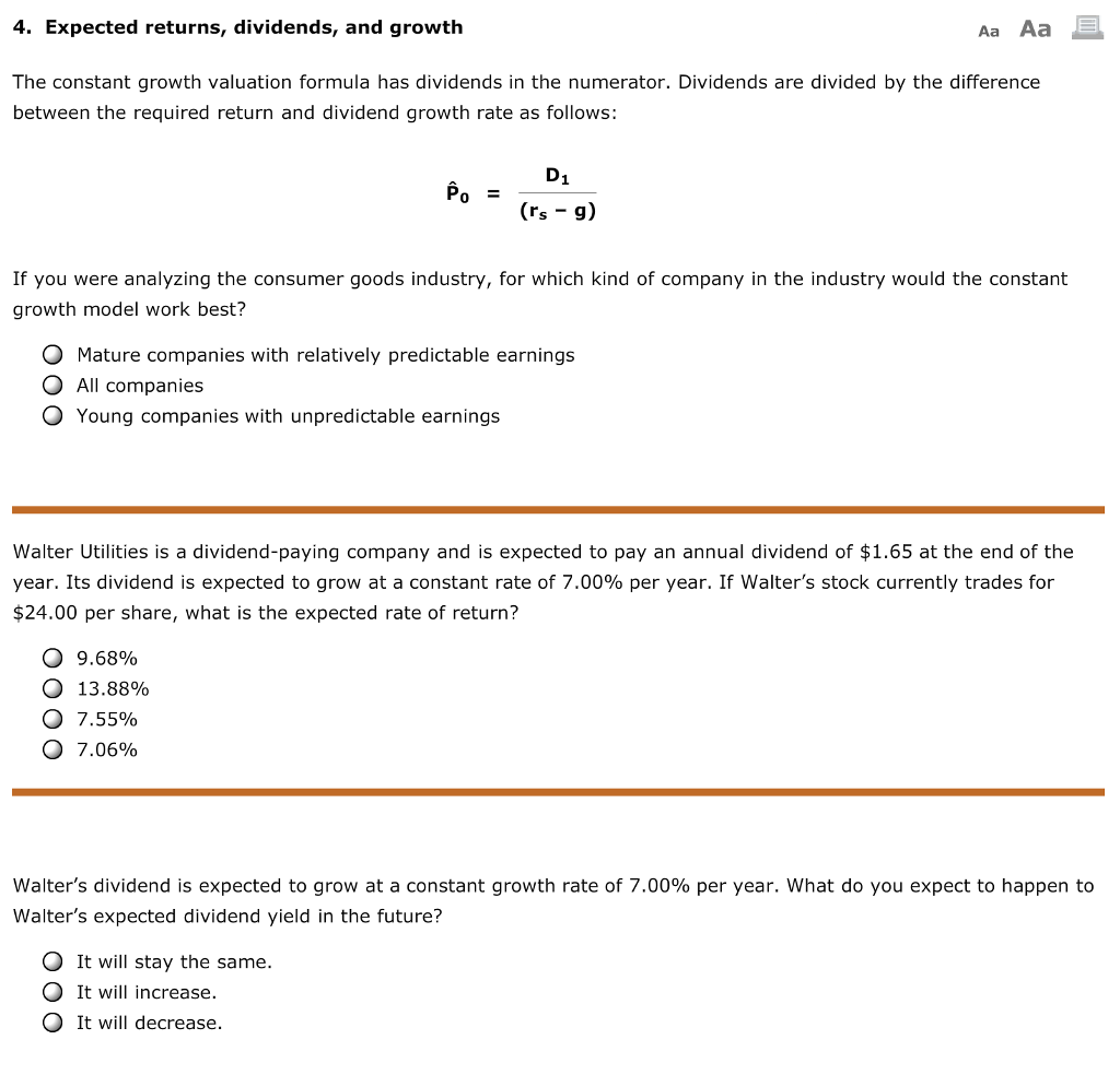 Solved 4 Expected Returns Dividends And Growth Aa Aa The Chegg