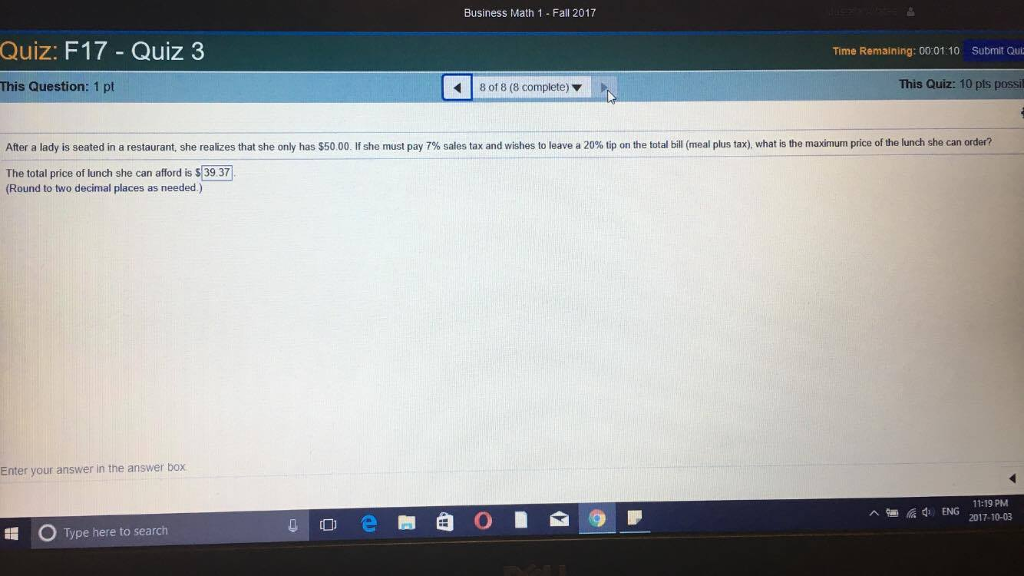 Solved Business Math 1 Fall 2017 Quiz: F17 - Quiz 3 Time | Chegg.com