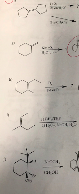 Solved 1)03 2) Zn/H3o Br2/CH2CI2 8) KMnO4 H,Ot, heat h) D2 9 | Chegg.com