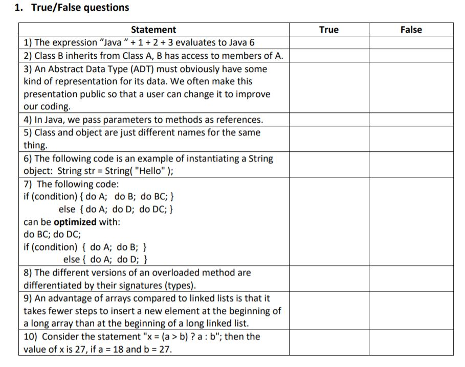 Solved 1. True/False questions Statement True False 1) The | Chegg.com