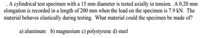 Solved A cylindrical test specimen with a 15 mm diameter is | Chegg.com