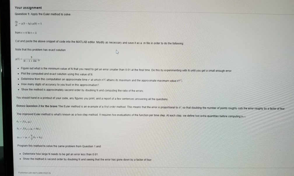 Your assignment Question 1: Apply the Euler method to | Chegg.com