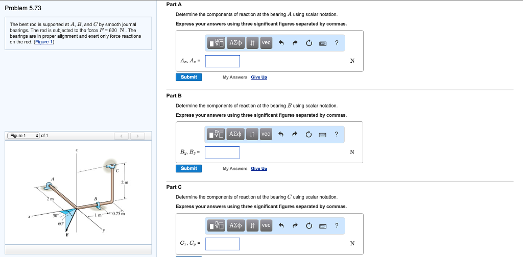 Solved The bent rod is supported at A, B, and C by smooth | Chegg.com