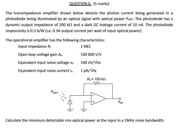 Solved The Transimpedance Amplifier Shown Below Detects The | Chegg.com