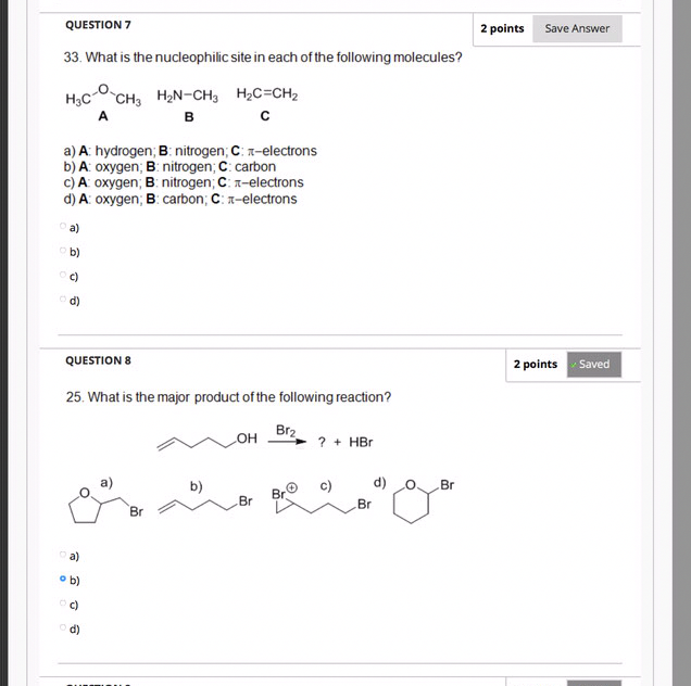 Solved QUESTION7 33. What is the nucleophilic site in each | Chegg.com