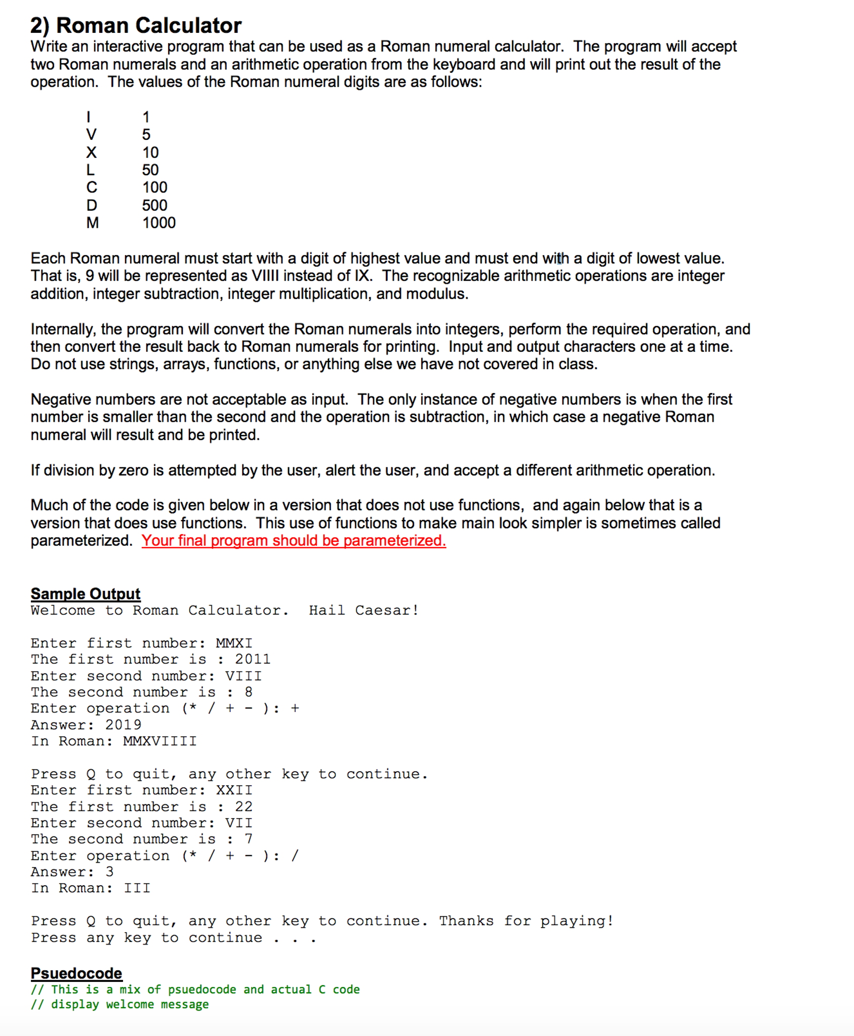 Solved Roman CalculatorWrite an interactive program that can | Chegg.com