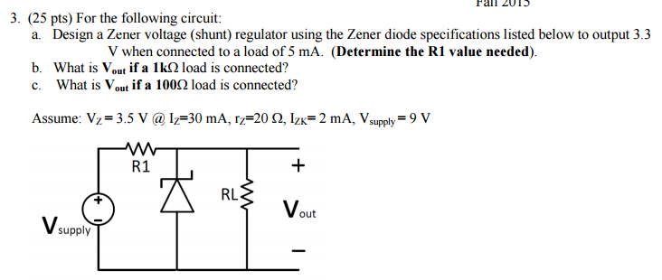 For the following circuit: Design a Zener voltage | Chegg.com