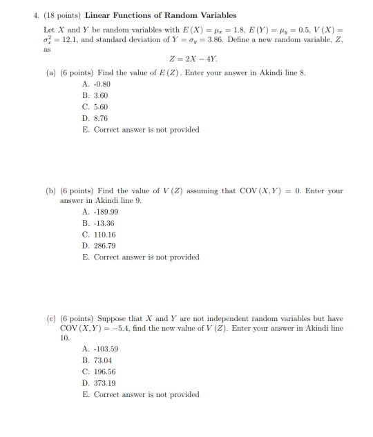 Solved 4. (18 points) Linear Functions of Random Variables | Chegg.com