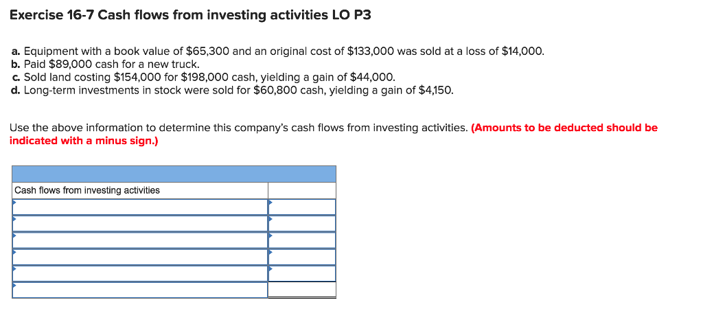 Solved Exercise 16-7 Cash Flows From Investing Activities LO | Chegg.com