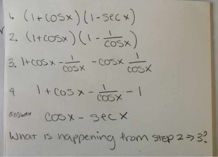 Solved (1 + cos x) (1 - sec x) (1 + cos x) (1 - 1/cos x) 1 | Chegg.com