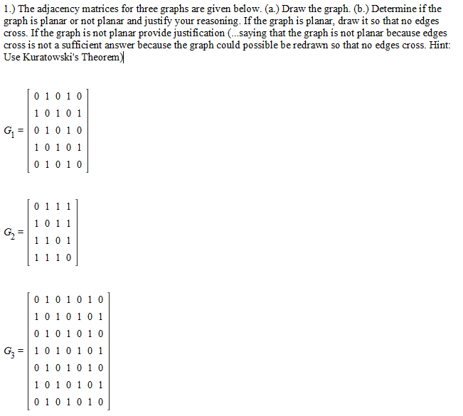 Solved The adjacency matrices for three graphs are given | Chegg.com