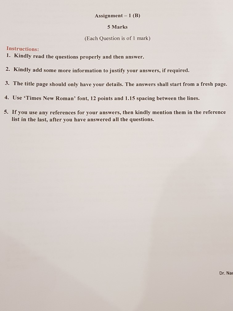 Solved Assignment-1 (B) 5 Marks (Each Question is of 1 mark) | Chegg.com