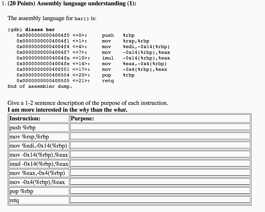 Solved The assembly language for bar() is: (gdb) disass bar | Chegg.com