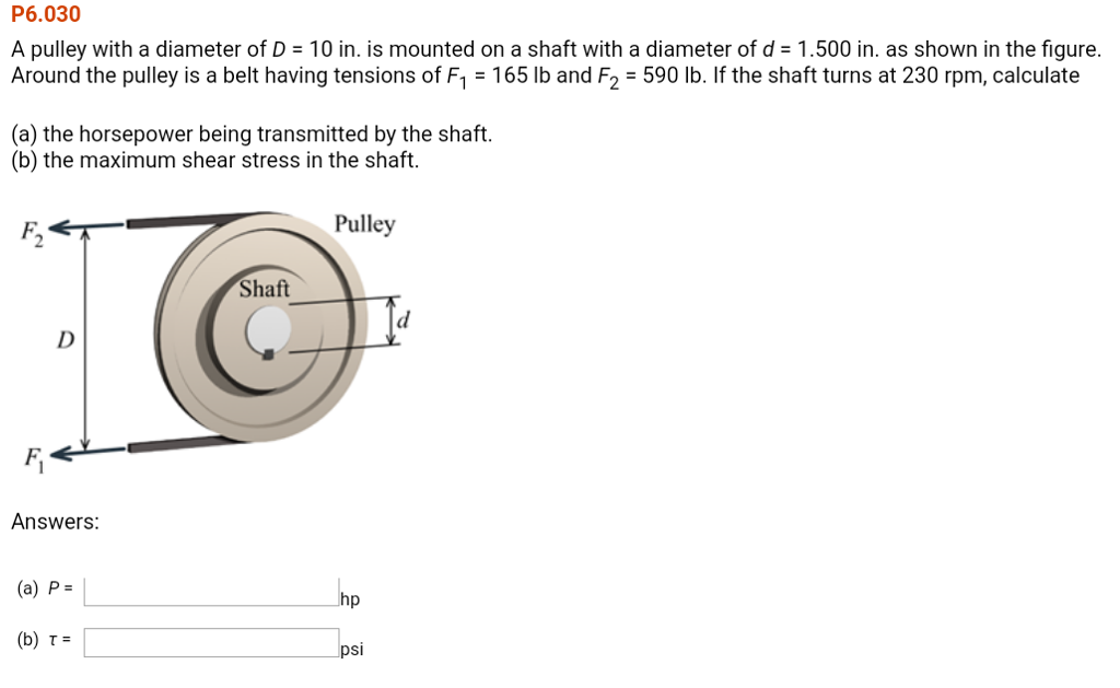 Solved P6.030 A pulley with a diameter of D10 in. is