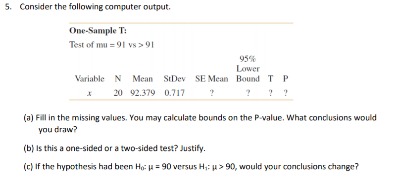 Solved 5. Consider the following computer output. One-Sample | Chegg.com
