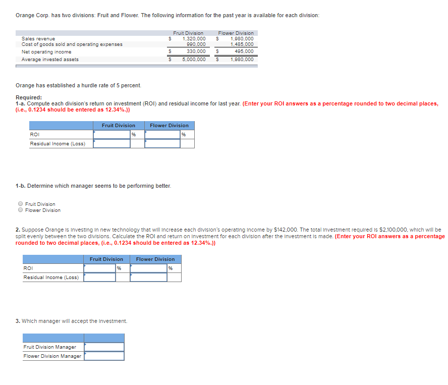 Solved Orange Corp. has two divisions: Fruit and Flower. The | Chegg.com