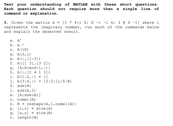 Solved Test your understanding of MATLAB with these short | Chegg.com