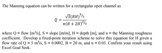 Solved The Manning Equation Can Be Written For A Rectangular | Chegg.com