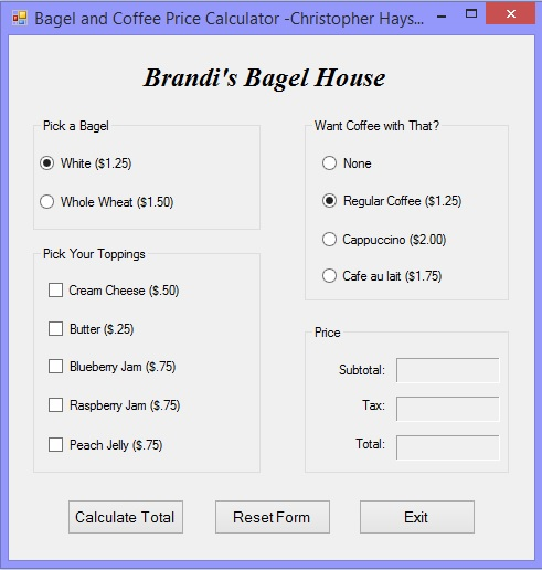 Solved How to create a visual basic code for a bagel/coffee | Chegg.com