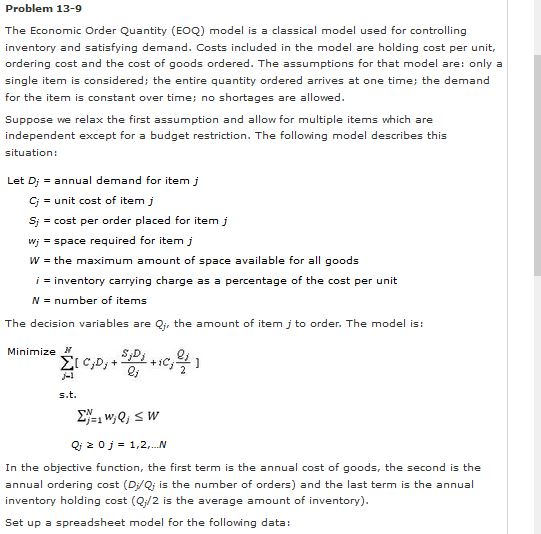 Solved Problem 13-9 The Economic Order Quantity (EOQ) model | Chegg.com