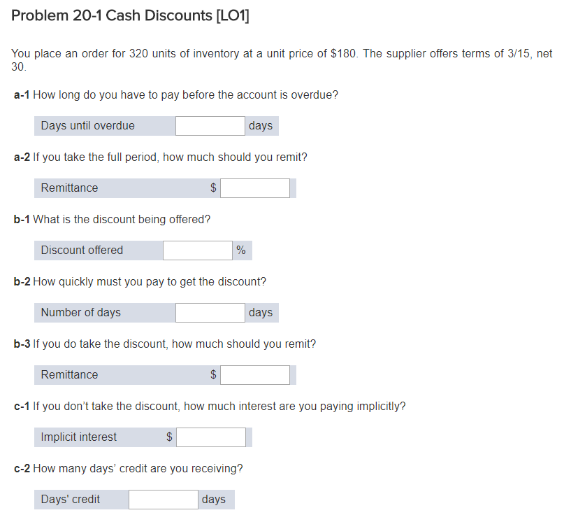 Solved Problem 20-1 Cash Discounts [LO1 You place an order | Chegg.com