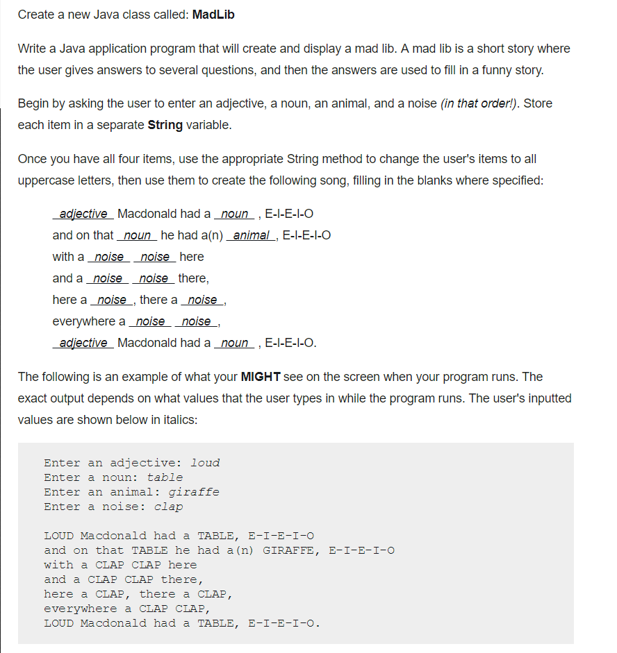 mad libs java assignment