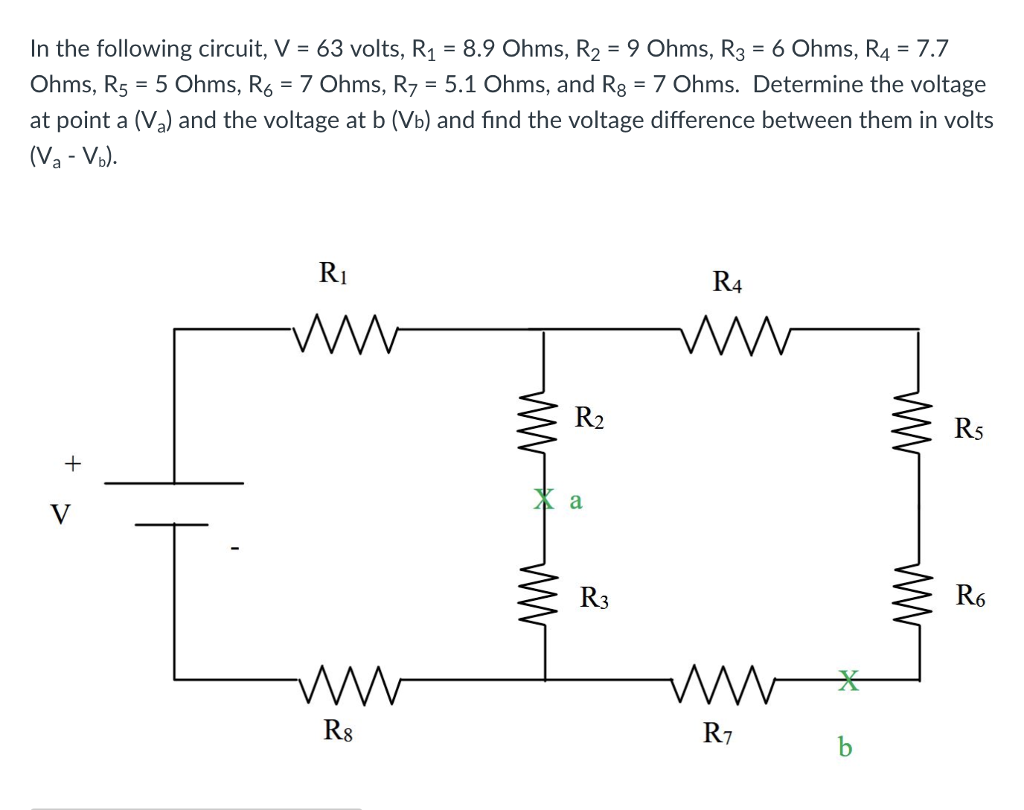 Solved In the following circuit, V = 63 volts, R1-8.9 Ohms, | Chegg.com