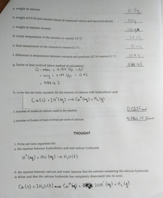 Solved c. the reaction between calcium and hydrochloric | Chegg.com