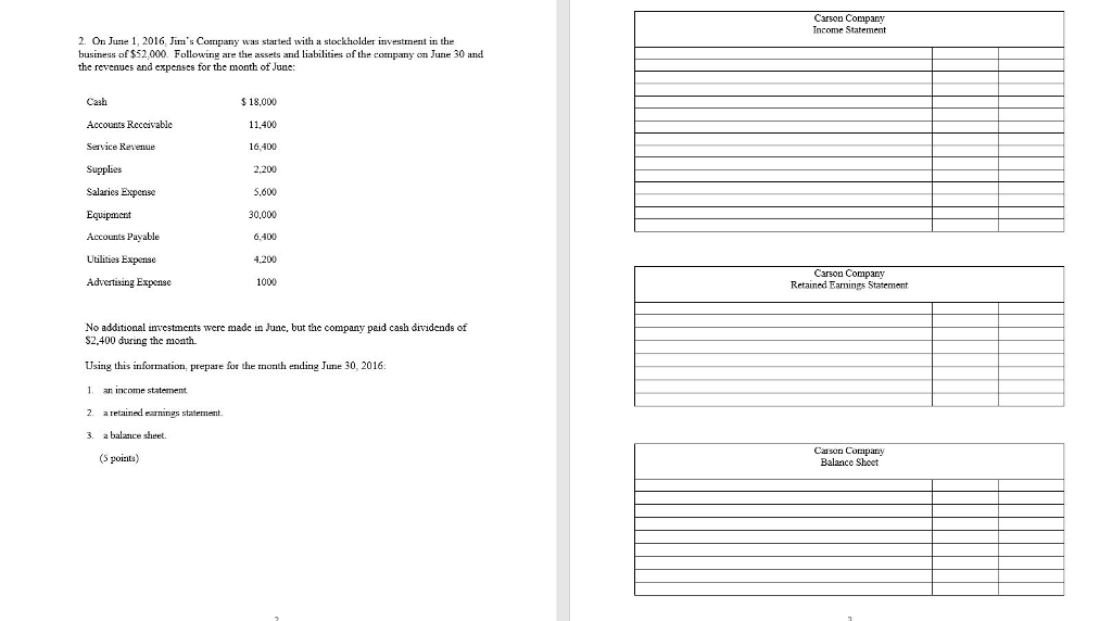 Solved Carson Compary Income Statement 2. On Jue 1, 2016, i' | Chegg.com