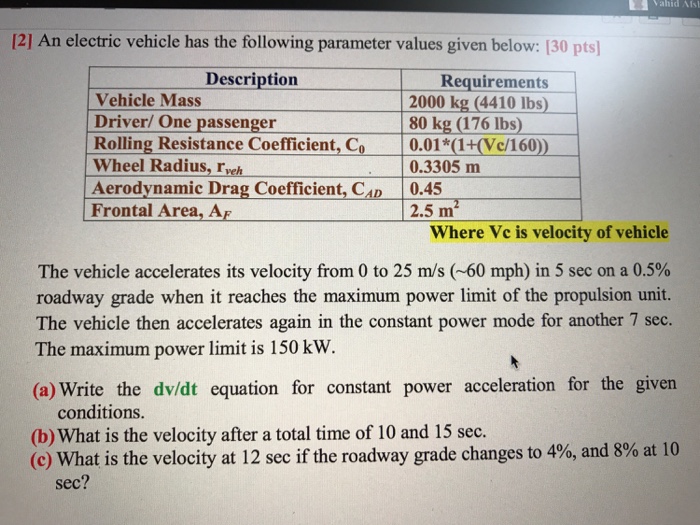 Solved An electric vehicle has the following parameter