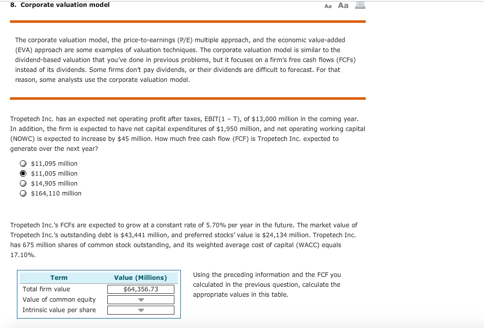 Solved 8 Corporate Valuation Model Aa Aa The Corporate Chegg
