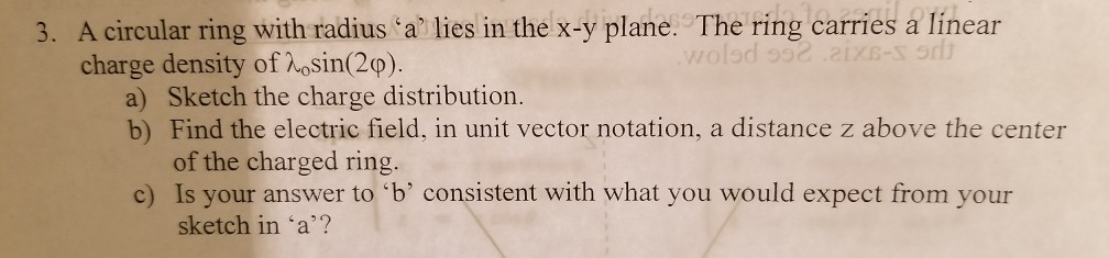 Solved 3. A circular ring with radius a lies in the x-y | Chegg.com