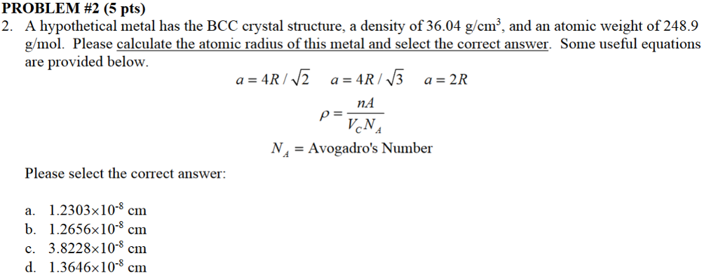 Solved PROBLEM #2 (5 pts) 2. A hypothetical metal has the | Chegg.com