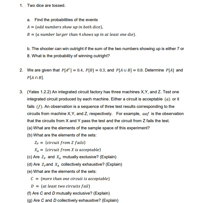 Solved 1. Two dice are tossed. a. Find the probabilities of