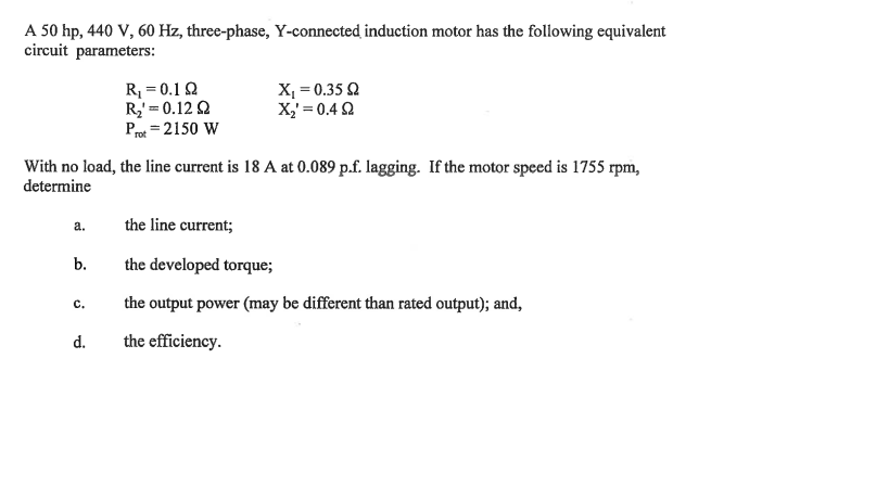 Solved A 50 hp, 440 V, 60 Hz, three-phase, Y-connected | Chegg.com