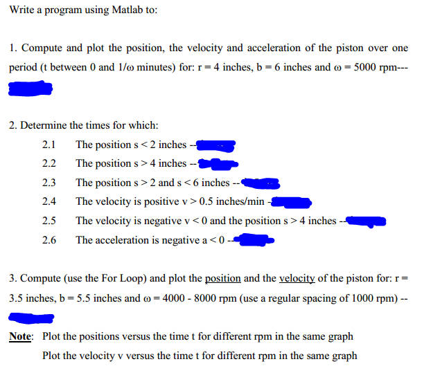 Mathematical Equations The piston position (s),