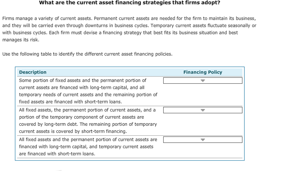 Solved What Are The Current Asset Financing Strategies That | Chegg.com