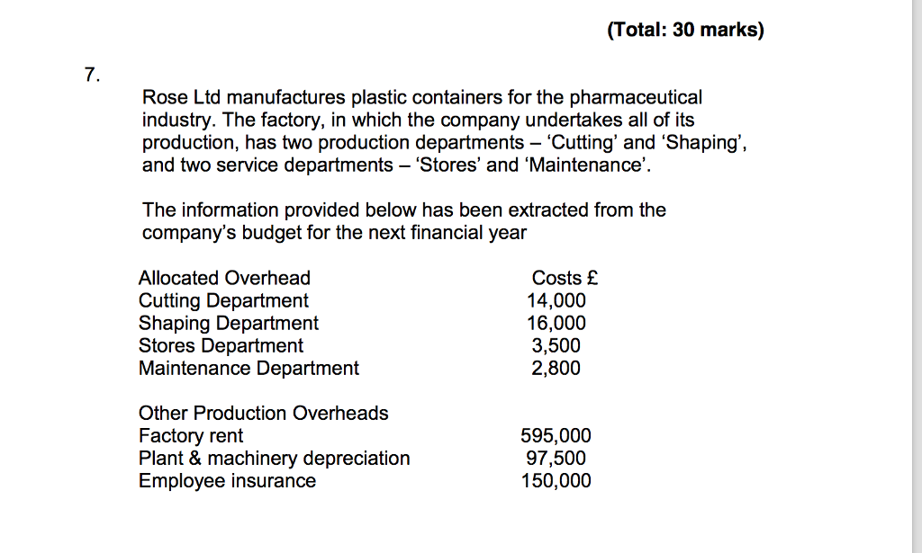 Solved (Total 30 marks) 7 Rose Ltd manufactures plastic