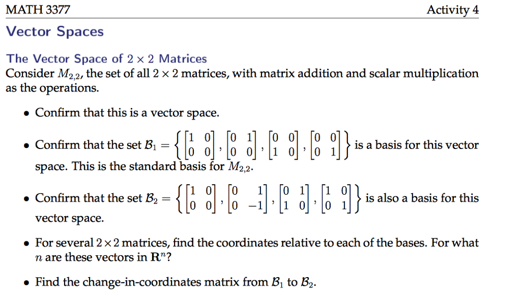 Solved MATH 3377 Activity 4 Vector Spaces The Vector Space