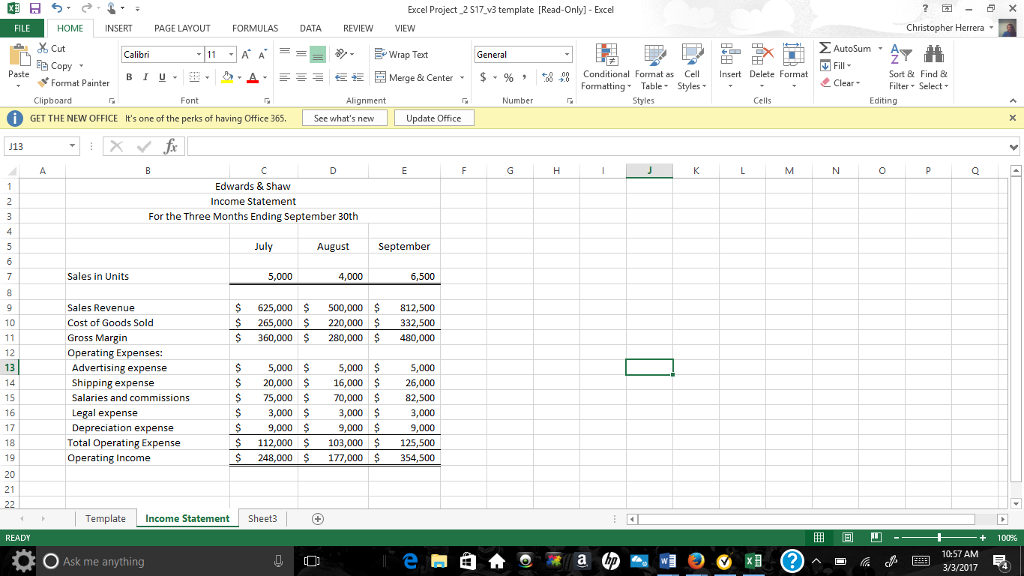 Solved Excel Project 2 S17 v3template [Read-Only)-Excel E | Chegg.com