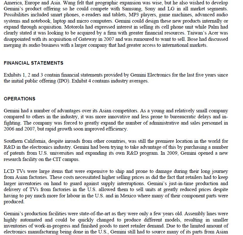 Solved Gemini Electronics Case Study Assistance with the | Chegg.com