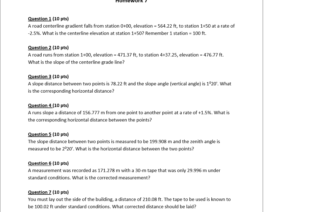 Solved HoneWOFK Question 1 (10 pts) A road centerline | Chegg.com